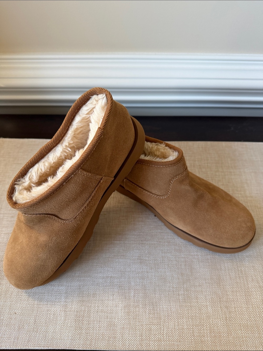 NWOT Women’s Suede Slip-On Booties with Faux Shearling Lining - Chestnut